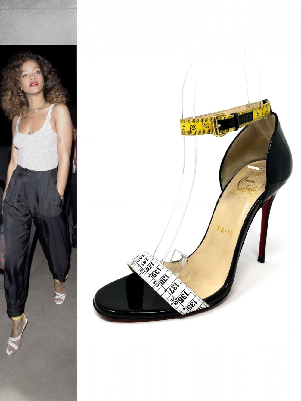 Christian Louboutin Black Patent White Measuring Tape Sandals High Heels 37 7